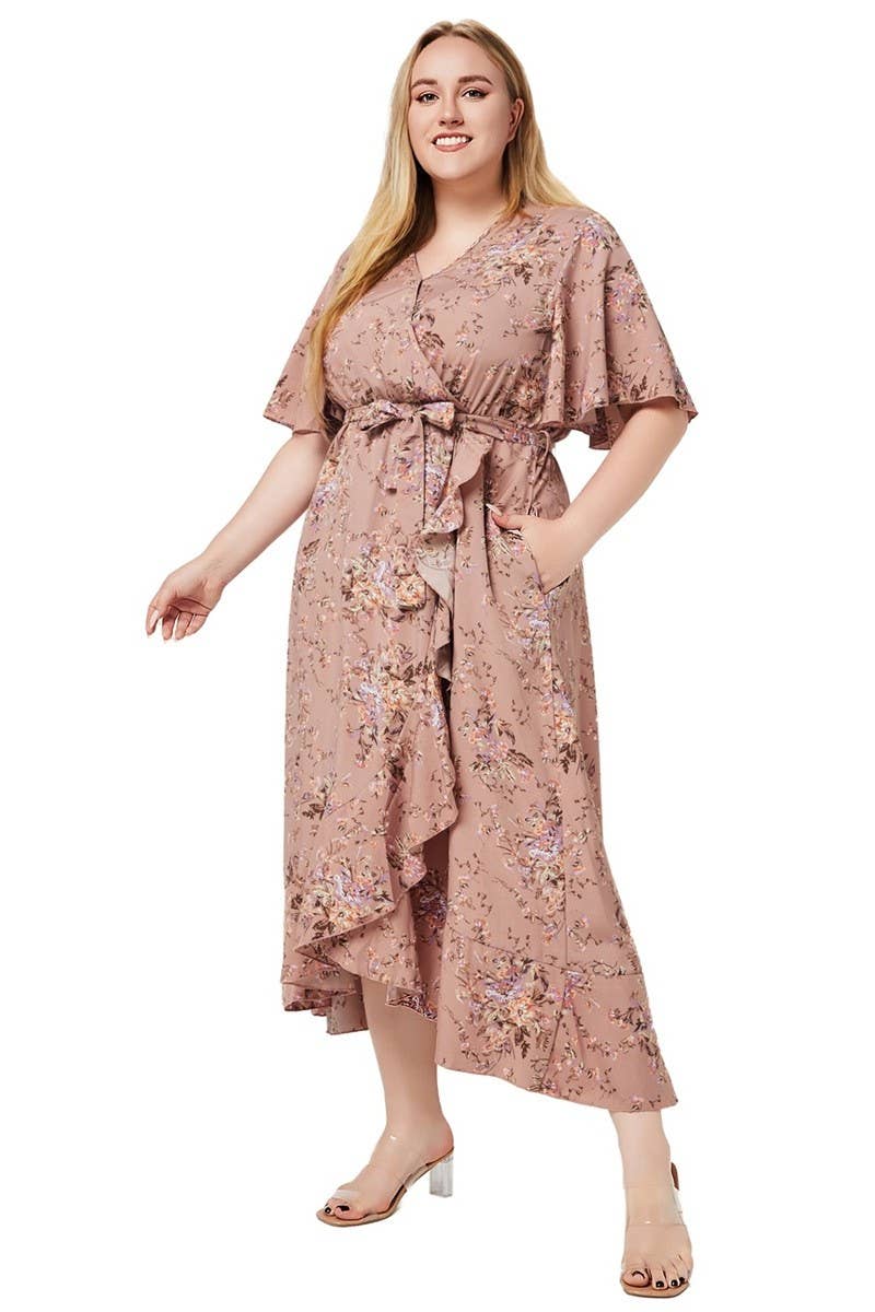 CWDMD3232_PLUS SIZED V-NECK RUFFLED PRINT POCKET DRESS