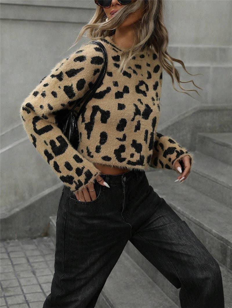 Leopard print simple short pullover sweater
