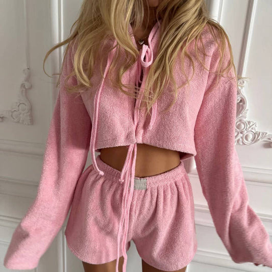 Plush lace-up casual home crop top and shorts set