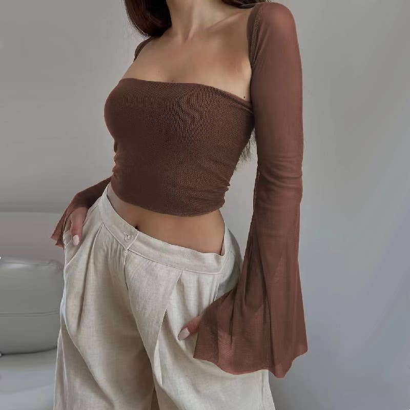 Two-piece slim fit strapless long sleeve crop top