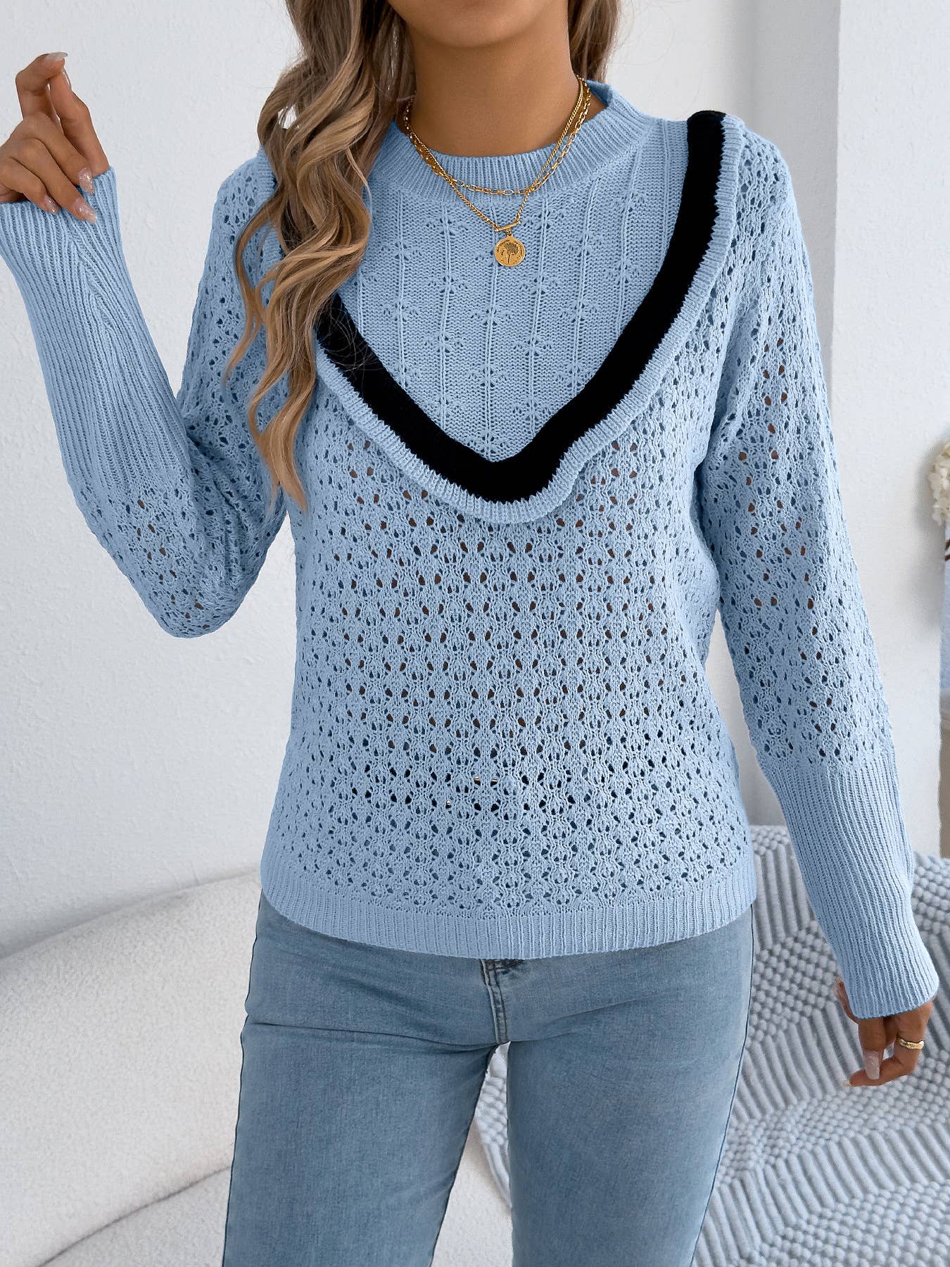 Wooden ear side long sleeve hollow sweater