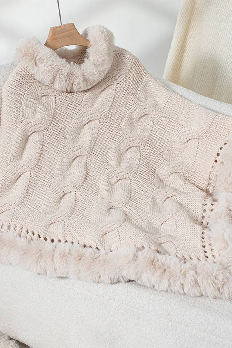 CWOSWL2803_FUR COLLAR THICK CABLE PULLOVER SWEATER CAPE