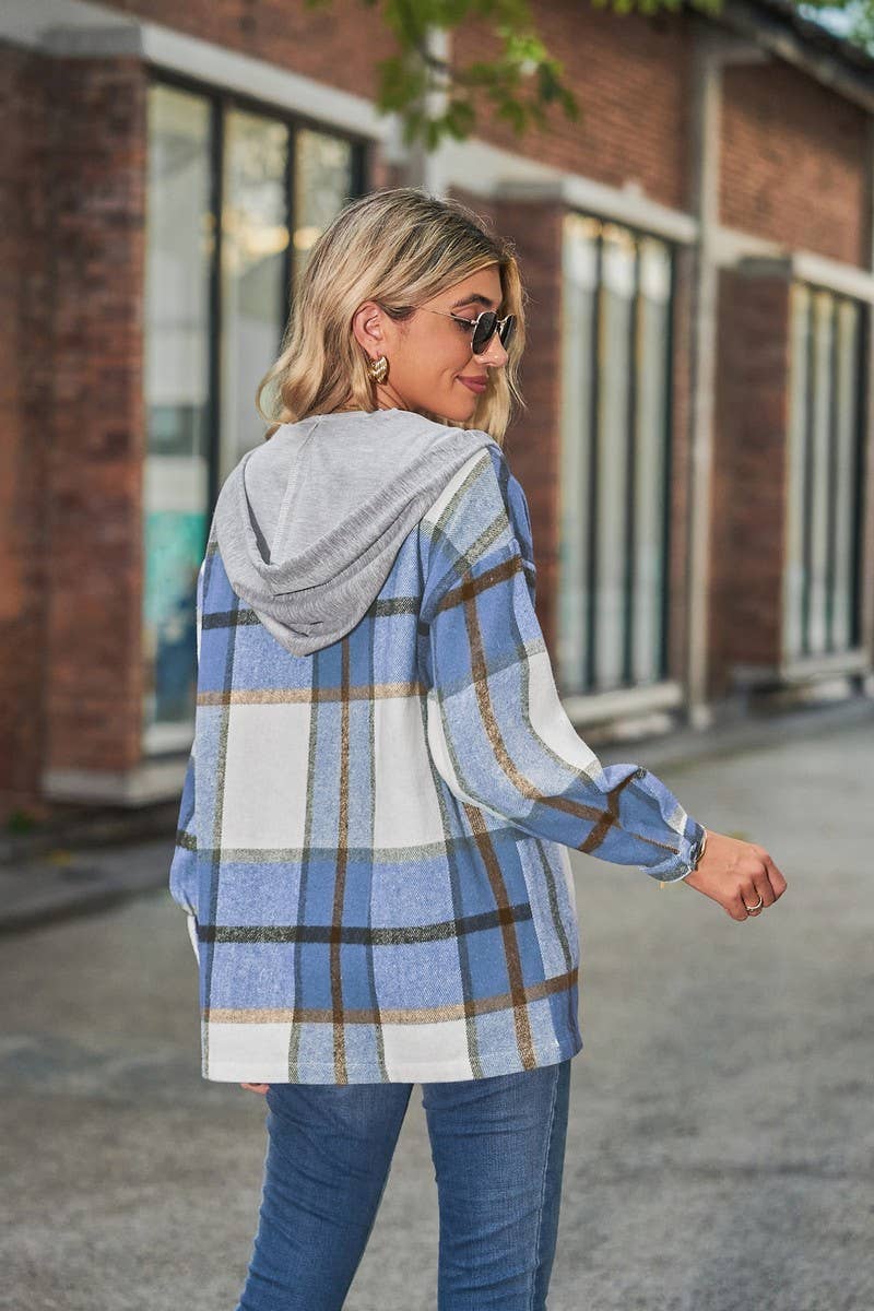 CWOCO1102_CASUAL LOOSE MID-LENGTH PLAID HOODED COAT