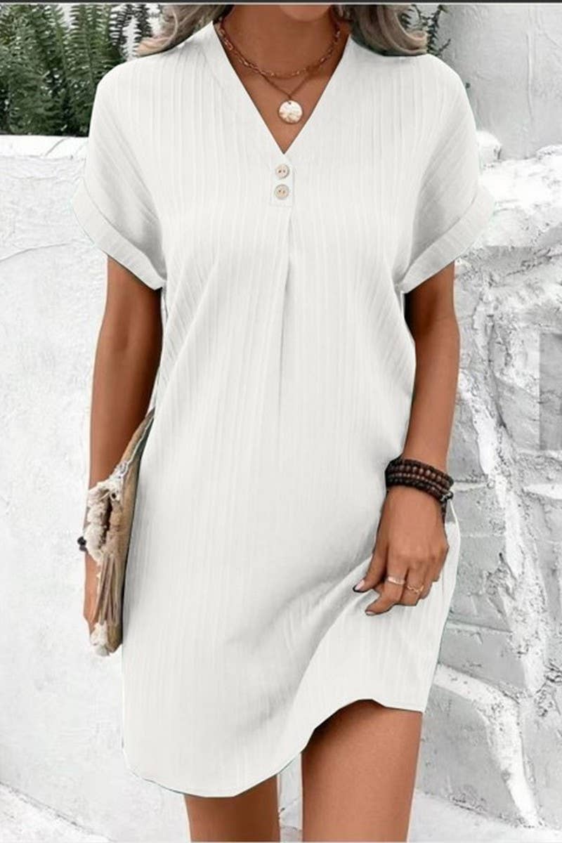 CWDSD6539_V-NECK SOLID COLOR PULLOVER CASUAL BUTTON DRESS