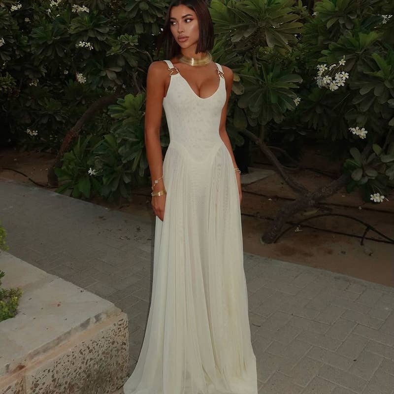 SEXY V-NECK HALTER SKIRT TEMPERAMENT MESH DRESS