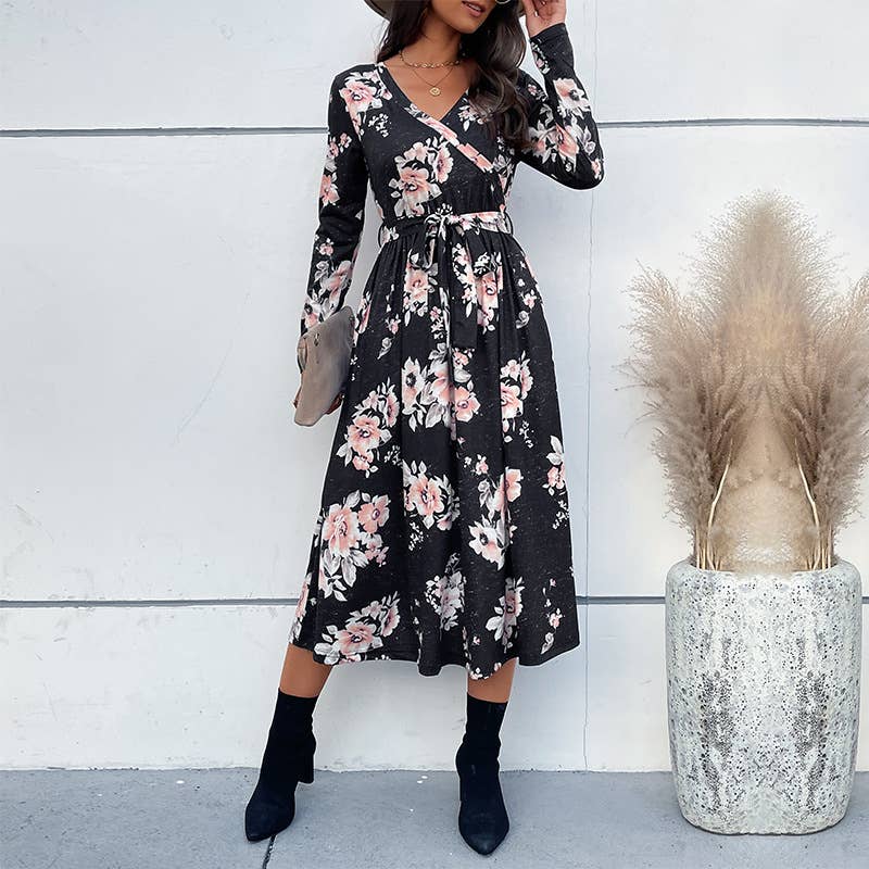 V-NECK SLIM-FIT PRINT LACE-UP LONG DRESS