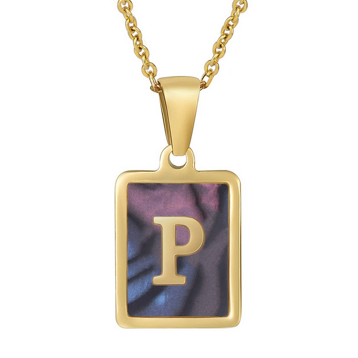 CWAJE1930_Square Stainless Steel Color Shell Letter Necklace