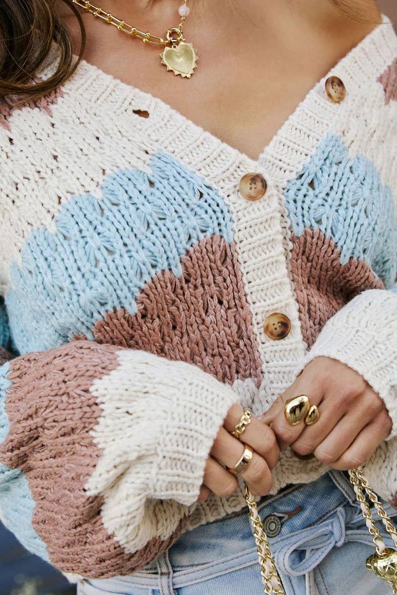 CWOCAL2358_COLORBLOCK V-NECK KNIT BUTTON CARDIGAN