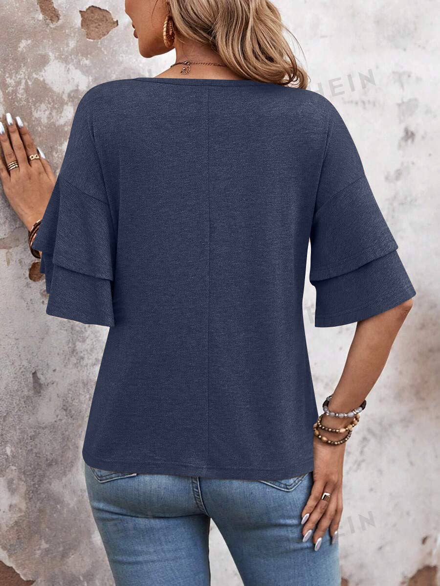SOLID COLOR V-NECK DOUBLE-SLEEVED BAGGY BLOUSE