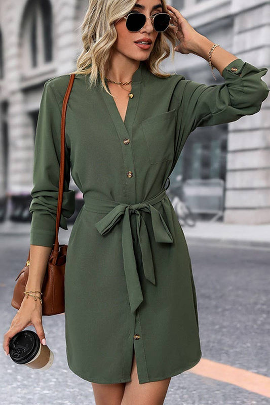 CWDSD5910_SOLID COLOR BUTTON TIE LONG SLEEVE DRESS