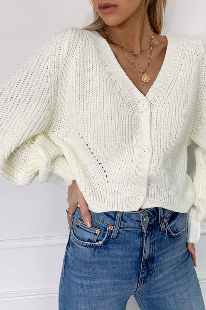 Solid color V-neck lantern sleeve button knit cardigan