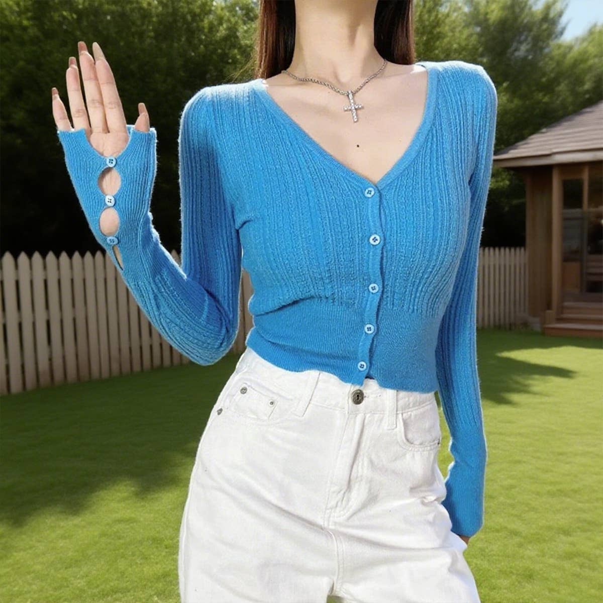 Solid-color V-neck long-sleeved knitted sweater