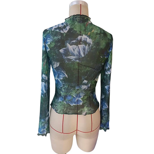SEMI SHEER FLORAL PRINT MESH MOCK NECK TOP