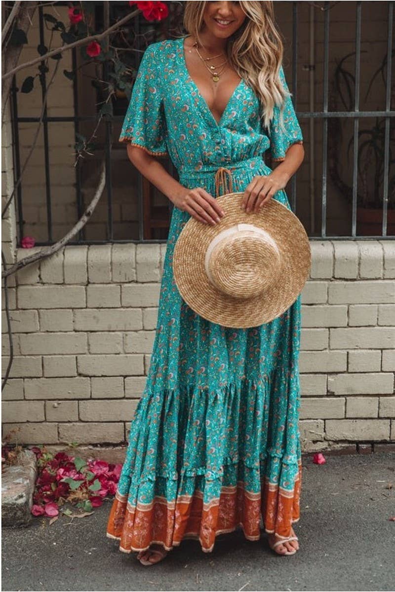 CWDMD01239_V NECK BOHEMIAN PLACEMENT PRINT DRESS