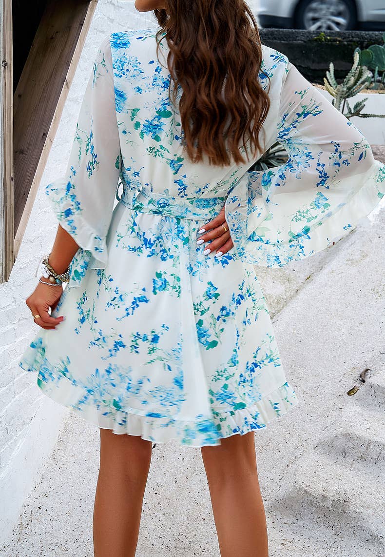 Vacation Floral Tie Waist Chiffon Short Dress