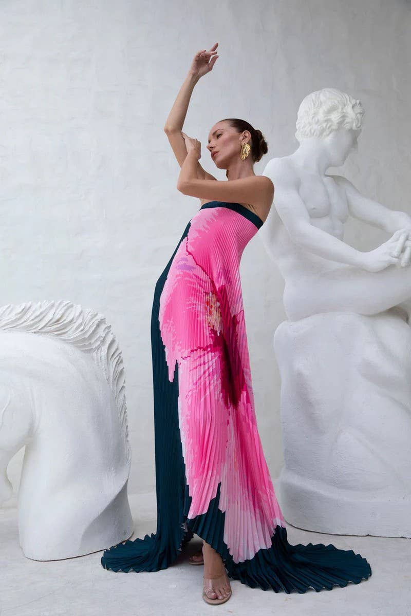 CWDMD5533_SUMMER PLEATED PRINTED BACKLESS TUBE DRESS