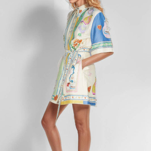PRINTED LAPEL LONG-SLEEVED SHIRT DRESS