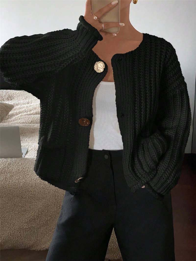 Three button long sleeve French cardigan