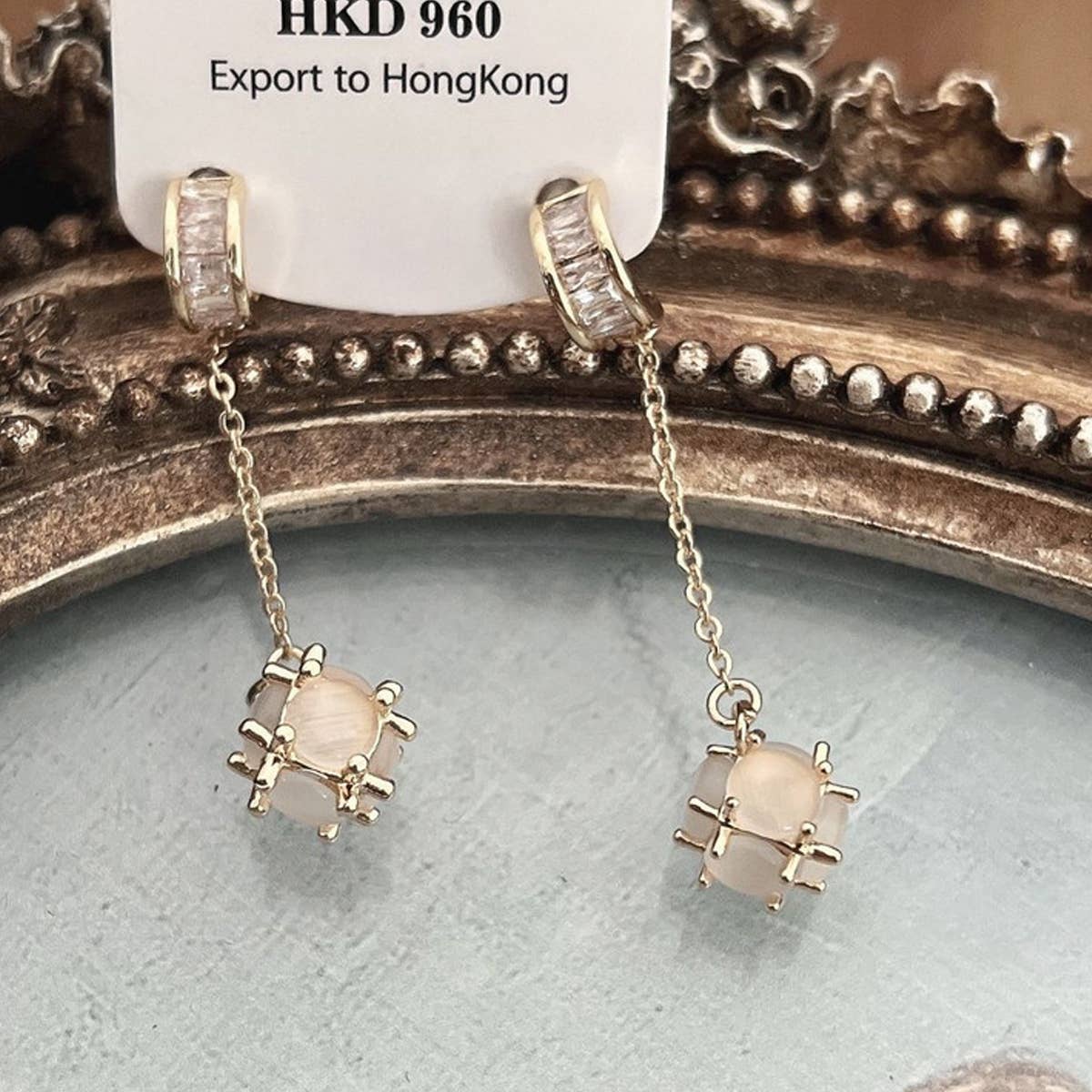 UNIQUE OPAL C-SHAPED TASSEL STUD EARRINGS