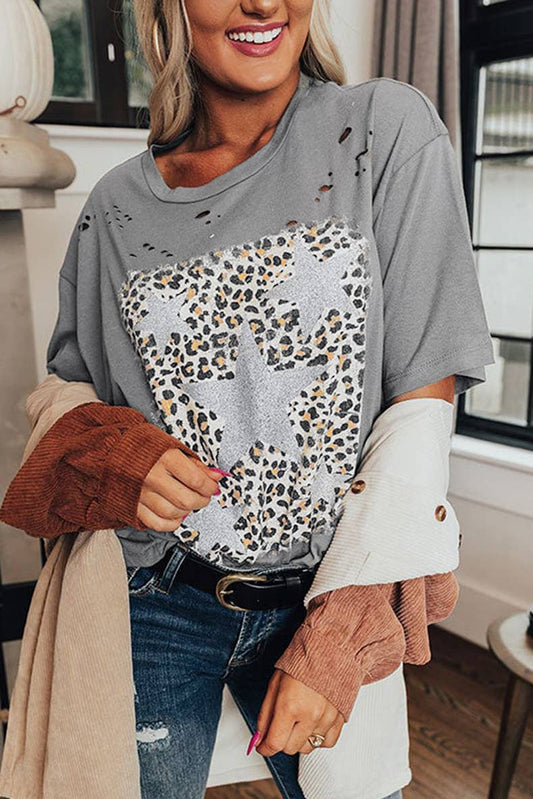 Trend-torn leopard print short-sleeved T-shirt