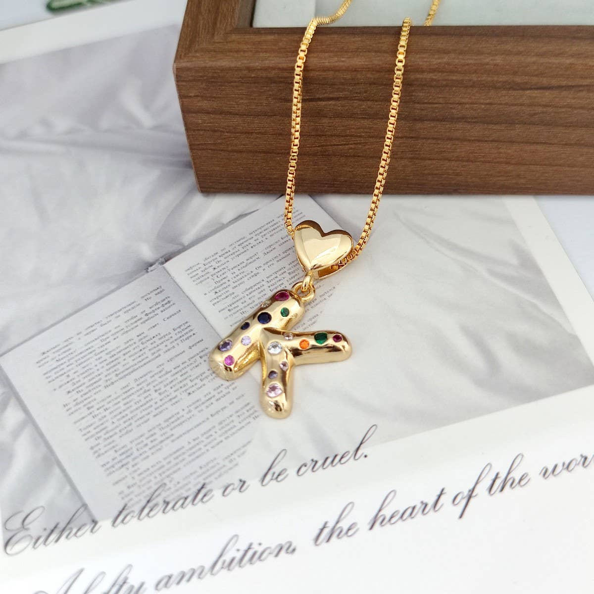 Colorful Zirconia Heart Letter Pendant Necklace
