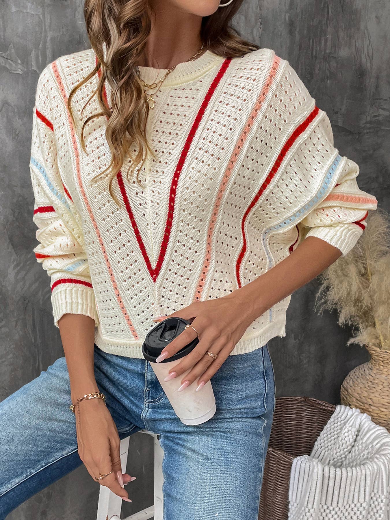 STRIPED SWEATER CREW NECK PULLOVER SWEATER