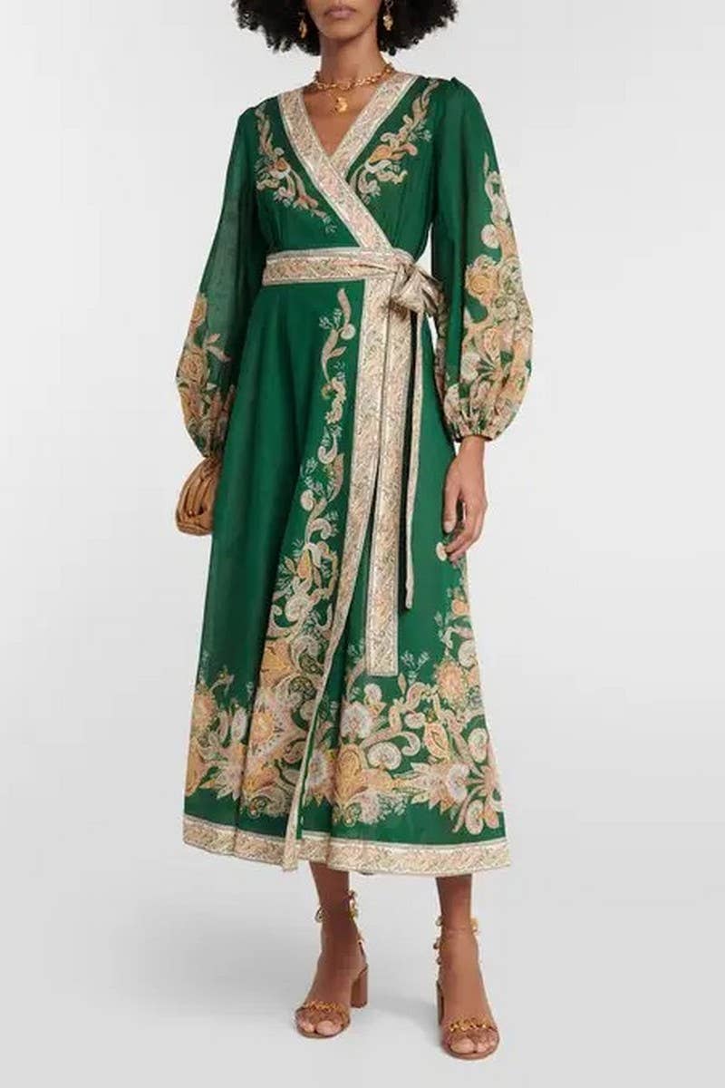 CWDMD5739_V-NECK FASHIONABLE PRINTED LONG-SLEEVED TIE DRESS