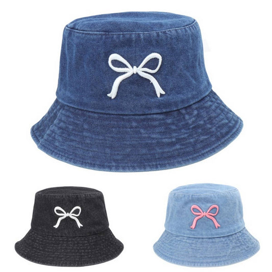 WASHED SUNSCREEN EMBROIDERED BOW BUCKET HAT_CWAH1540