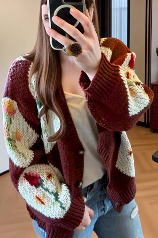 CWOCAL00568_CONTRASTING FLORAL JACQUARD-KNIT SWEATER COAT