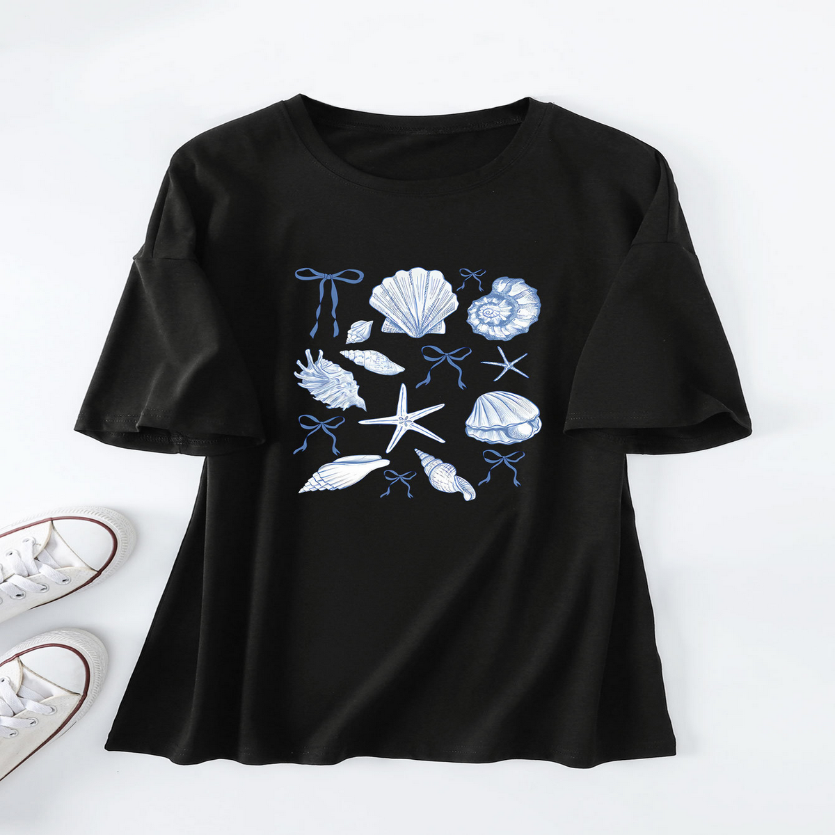 Cute Bow Print T-Shirt for Women, Shell Neckline