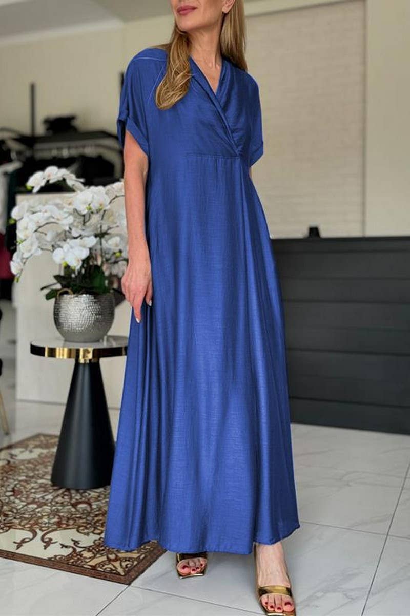 CWDMD4178_V_NECK SOLID COLOR SHORT SLEEVE LONG DRESS