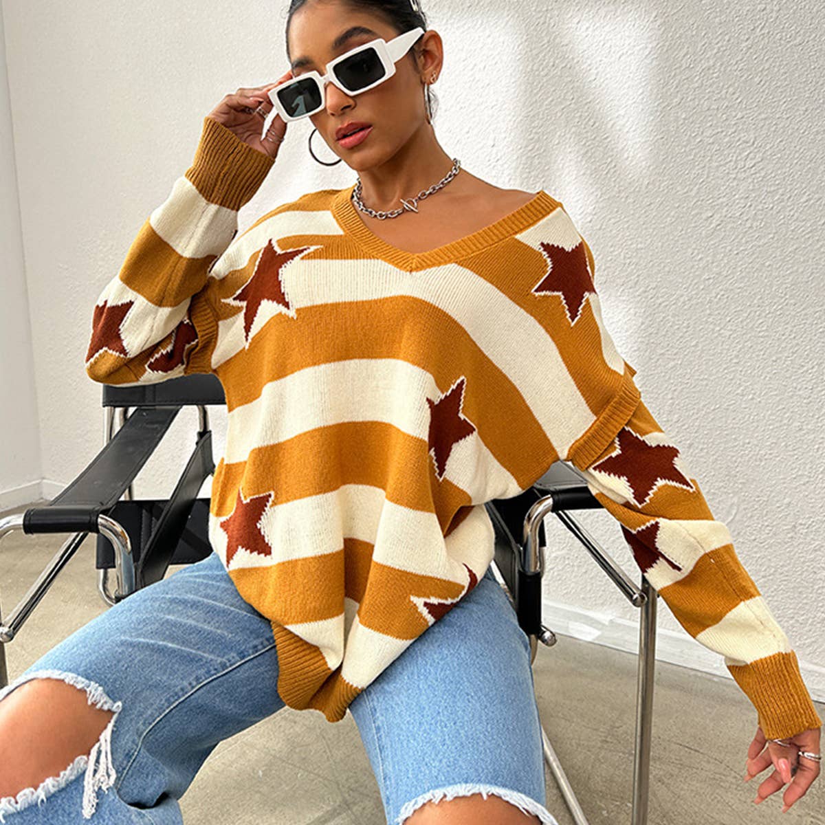 V-NECK PATCHWORK LONG SLEEVE STRIPED SWEATER