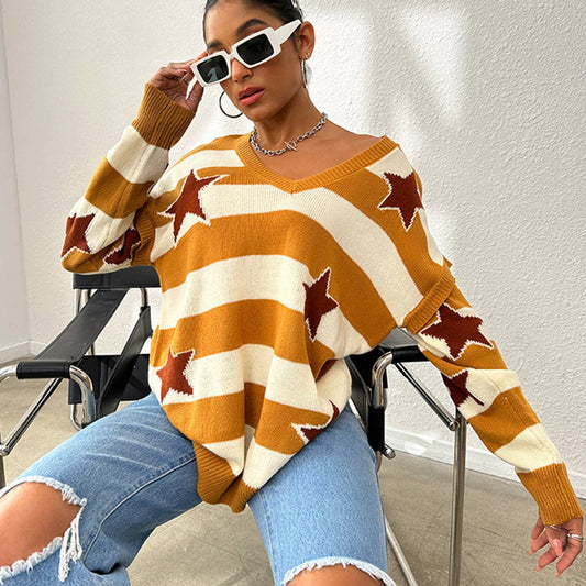 V-NECK PATCHWORK LONG SLEEVE STRIPED SWEATER