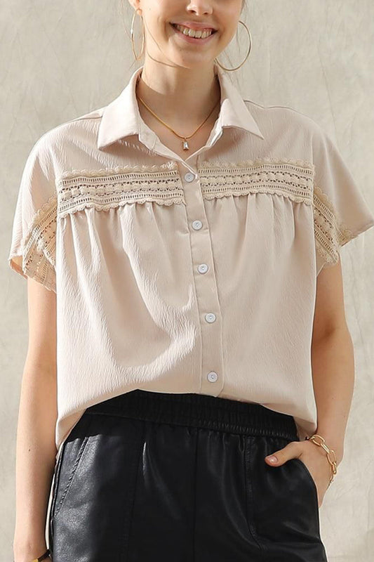 LACE POINT BUTTON UP LOOSE COLLAR SHIRTS