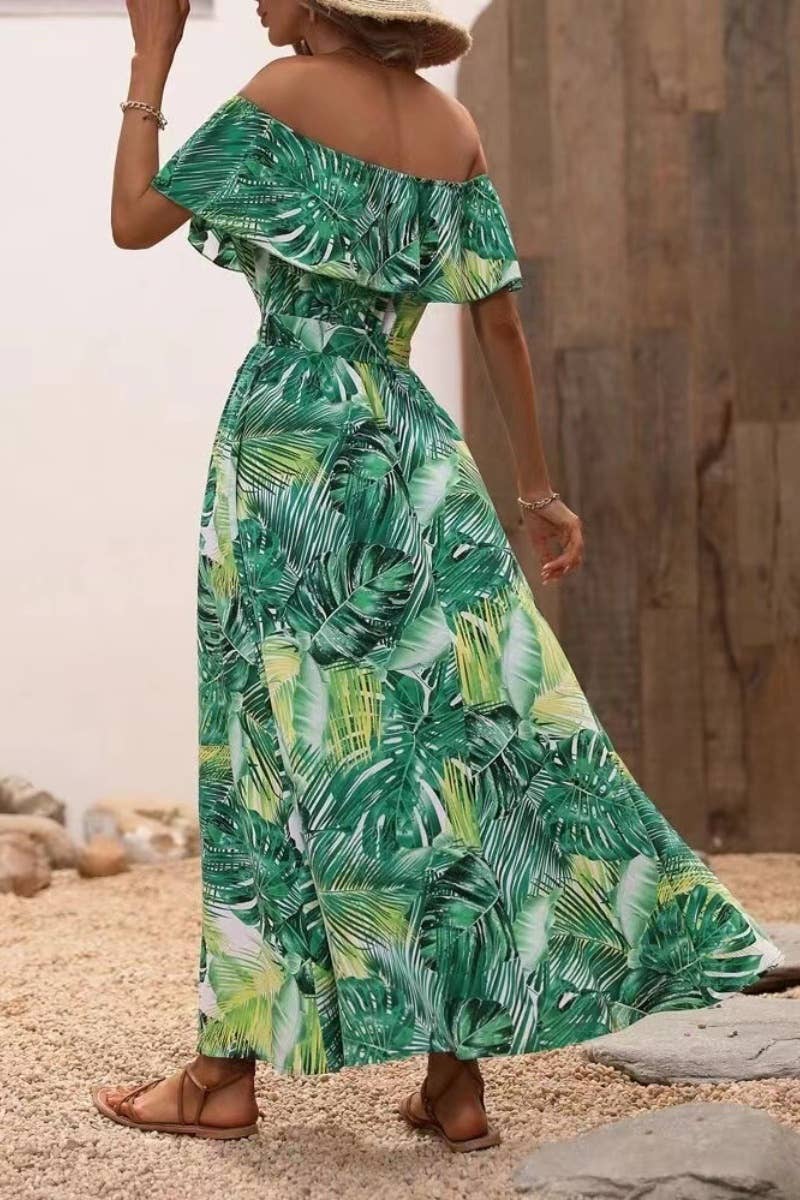 CWDMD1910_ONE-LINE SHOULDER PRINT SLIT WAIST LONG DRESS