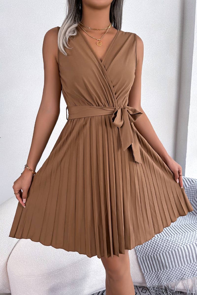 CWDSD4634_CROSS V-NECK SLEEVELESS WAIST PLEAT DRESS