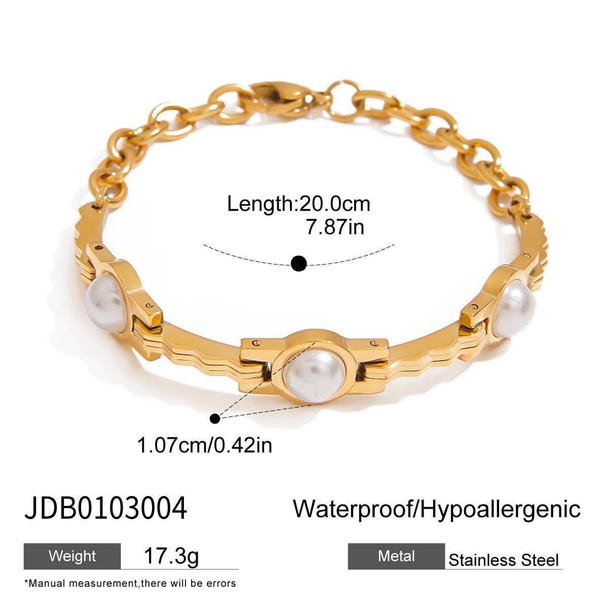 Elegant Pearl Chain Bracelet, Gold-Plated Steel