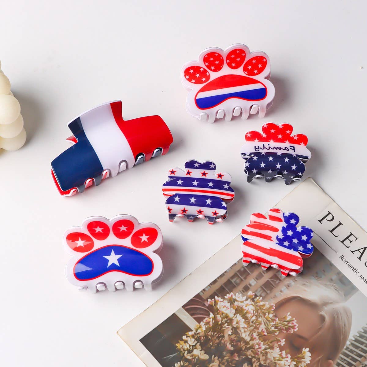 CWAHA5136_FLAG PRINT PETAL SHAPED RECTANGULAR HAIRPIN