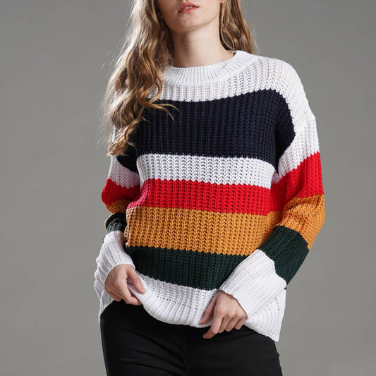WOMEN'S LOOSE RAINBOW PATCHWORK PULLOVER SWEATER