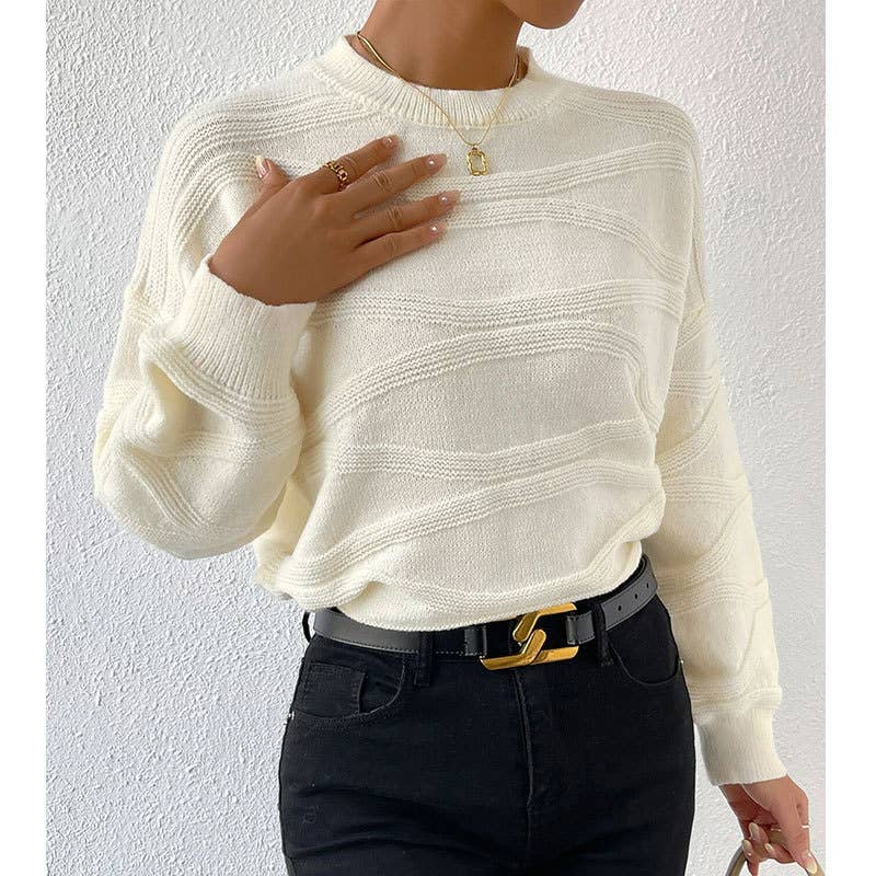 SOLID COLOR CORRUGATED CREW NECK PULLOVER SWEATER