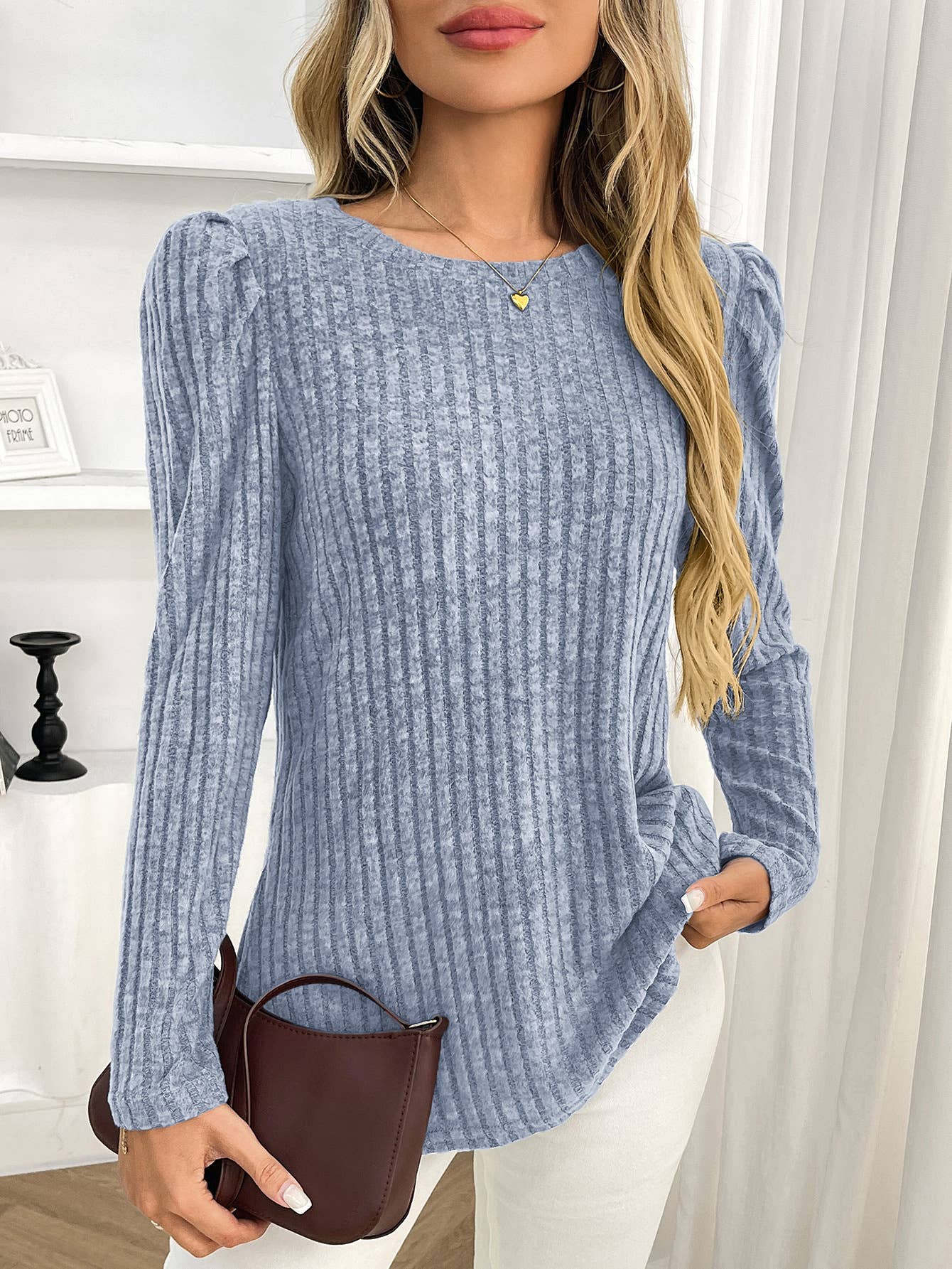 Round-neck puffed-sleeve brushed striped T-shirt