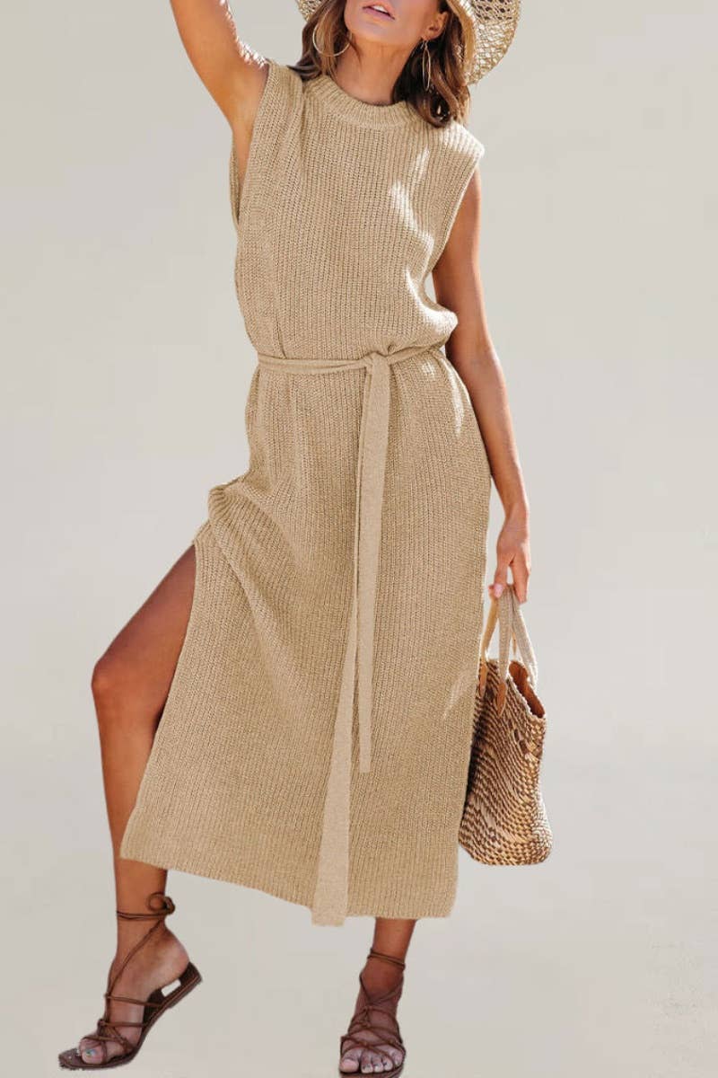 CWDMD2089_CREW NECK SLEEVELESS LACE-UP DRESS WITH SLIT