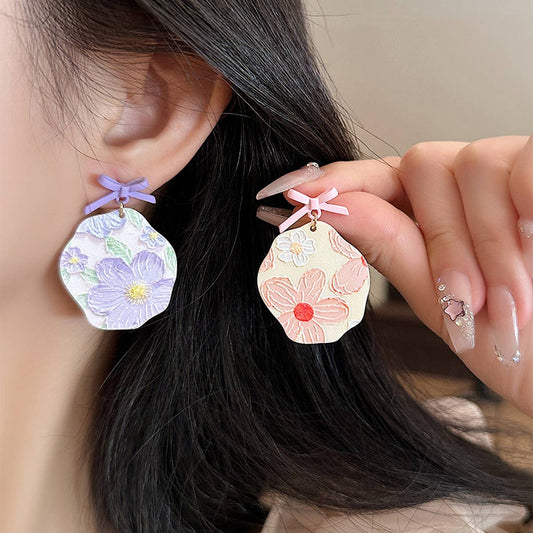 ROMANTIC PURPLE OIL PAINTING FLOWER ART EARRINGS