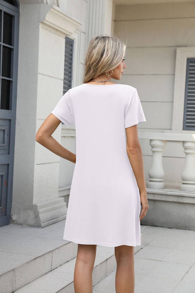 CWDSD8722_SOLID CREW NECK POCKET SHORT SLEEVE DRESS