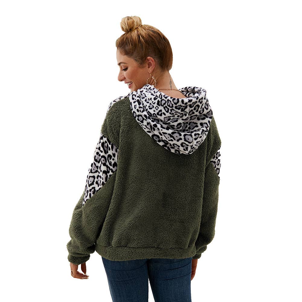 LEOPARD PRINT SPLICED DOUBLE-SIDED PLUSH HOODIE