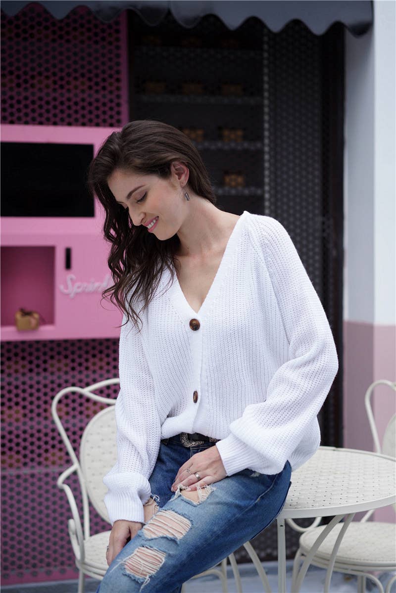 SOLID COLOR BUTTON-DOWN V-NECK SWEATER