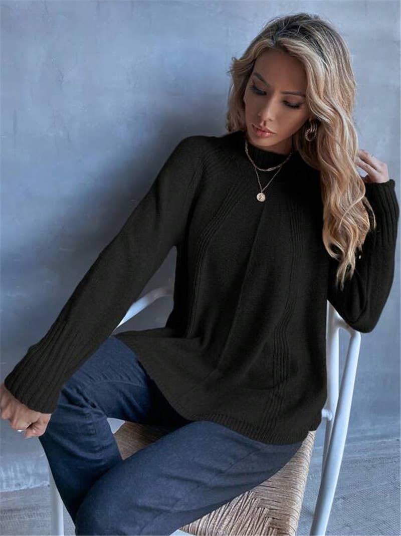 Versatile slit knitted long-sleeved sweater