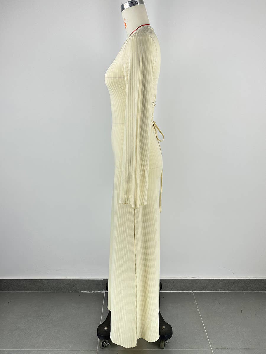 Big Pit Strip Long Sleeve U-Neck Dress_Cwdmd3185