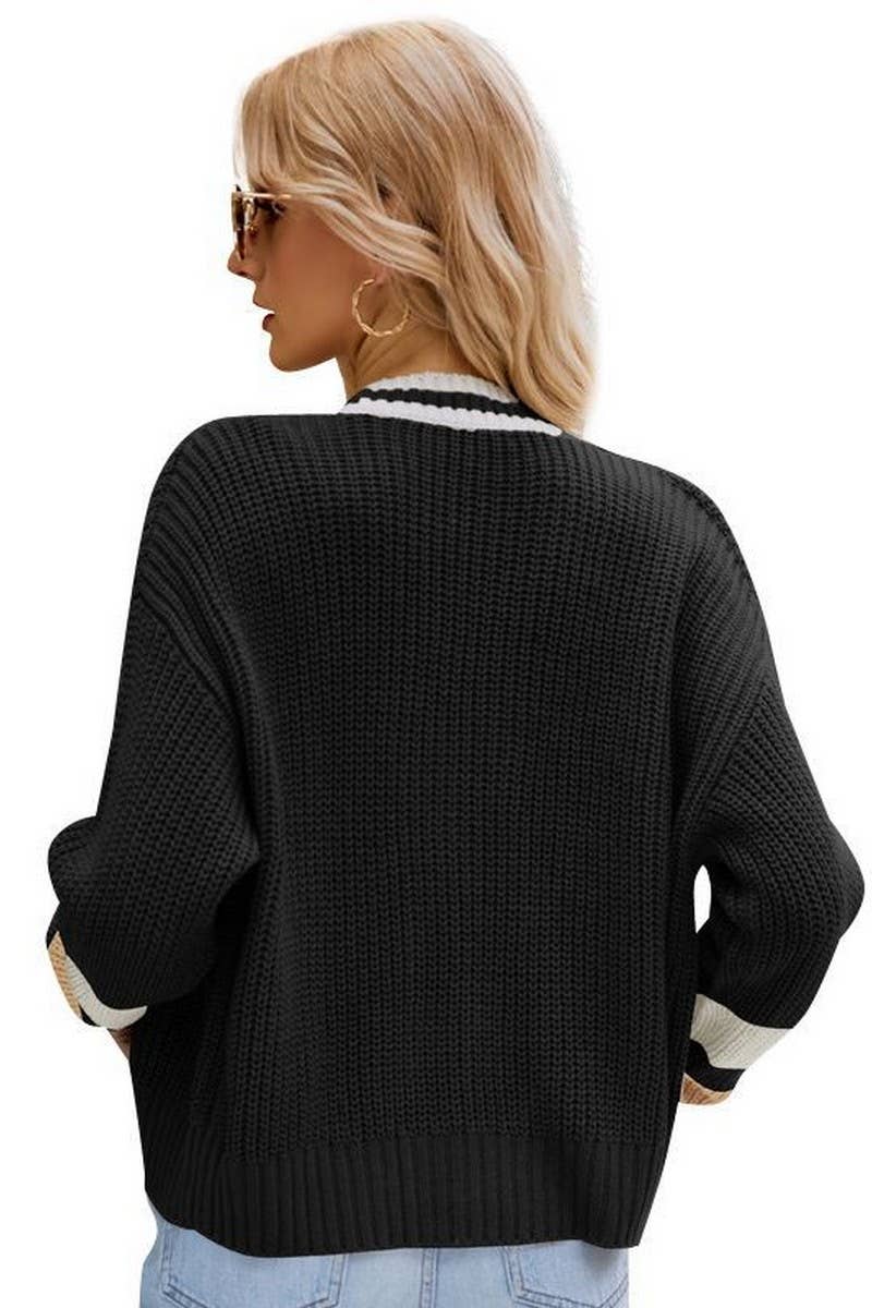 CWOCAL0784_V-NECK LOOSE COLLEGE STYLE KNITTED CARDIGAN