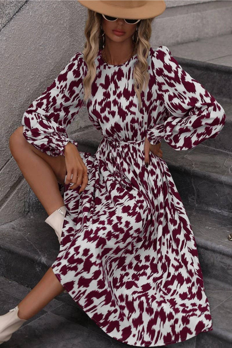 CWDSD6570_LEOPARD PRINT TIE LONG SLEEVE SWING DRESS